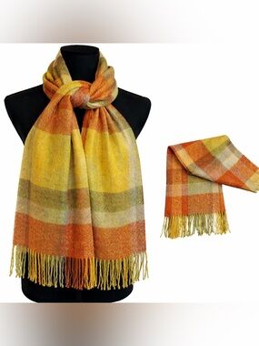 ETÉREO NWT Soft Mohair Look German-Made Striped Scarf Fringe Orange Yellow Green